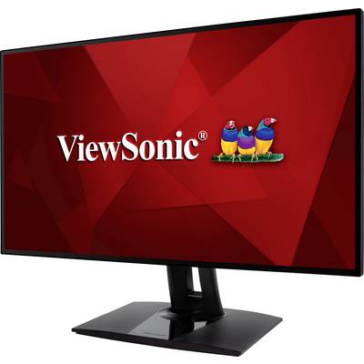 Ein Computermonitor mit rotem Hintergrund zeigt das Logo 'ViewSonic' und Bilder von drei farbigen Vögeln auf dem Bildschirm.