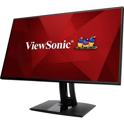 Ein schwarzer Computermonitor zeigt das rote Logo 'ViewSonic' mit drei bunten Vögeln auf dem Bildschirm.