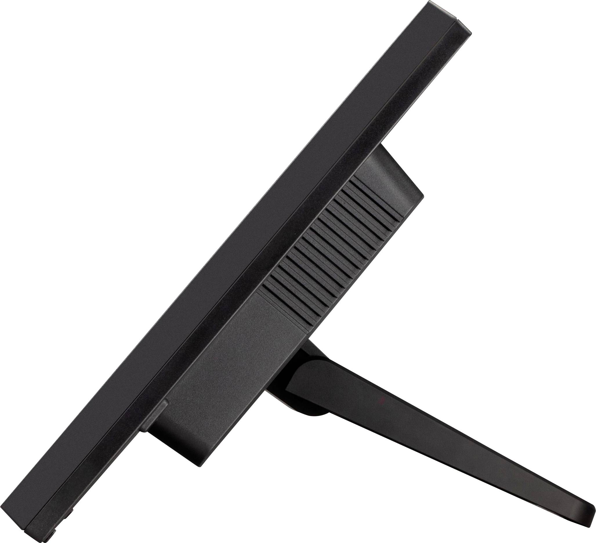 Seitenansicht eines schwarzen Computermonitors mit dünnem Rahmen und stabilem Standfuß auf einem weißen Hintergrund.