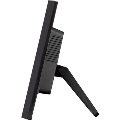 Seitliche Ansicht eines schwarzen Monitors mit Standfuß, der zeigt, wie das Gerät auf einem Tisch steht.