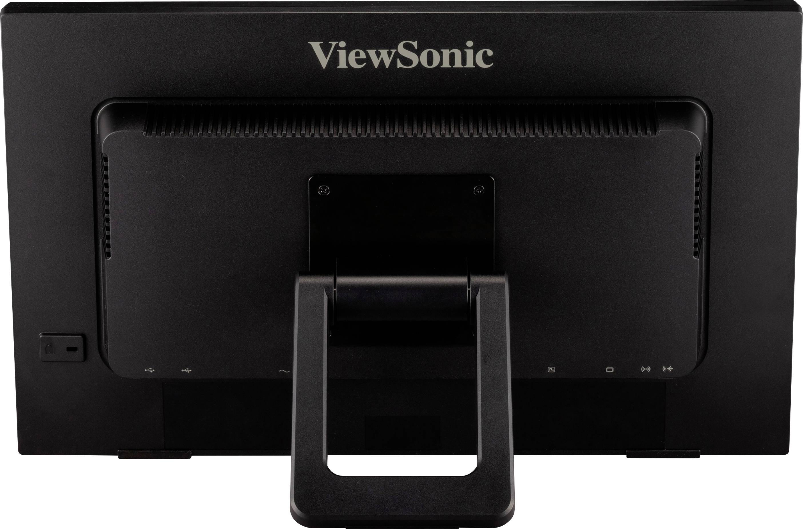 Ein schwarzer Monitor von hinten, Marke 'ViewSonic', zeigt die Rückseite und den Standfuß.