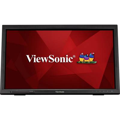 Ein Monitor mit schwarzem Rahmen zeigt das Logo 'ViewSonic' in Weiß auf einem roten Hintergrund, daneben drei bunte Vögel.