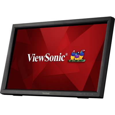 Ein Monitor der Marke ViewSonic mit rotem Hintergrund und dem ViewSonic-Logo, das drei bunte Vögel darstellt.