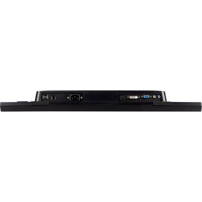 'Rückseite eines Monitors mit verschiedenen Anschlüssen: Stromversorgung, USB, VGA, DVI, HDMI, Audio-Anschlüsse.'