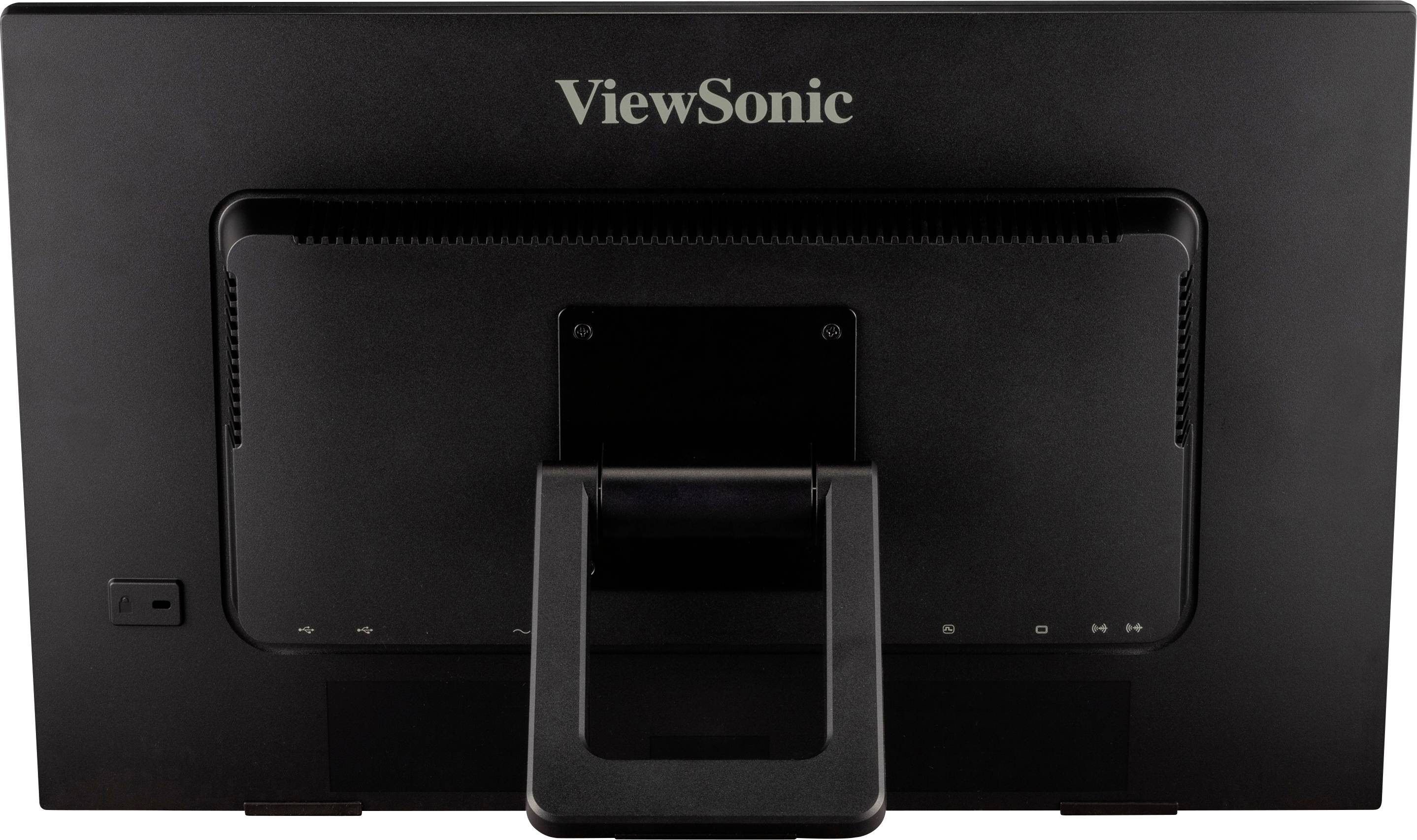 'ViewSonic'-Monitor von hinten betrachtet, zeigt den Ständer und die Anschlüsse.