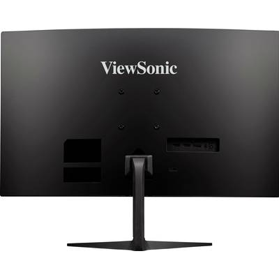 Rückansicht eines schwarzen ViewSonic-Monitors mit zentralem Standfuß. Mehrere Anschlussports und Schraublöcher sichtbar.