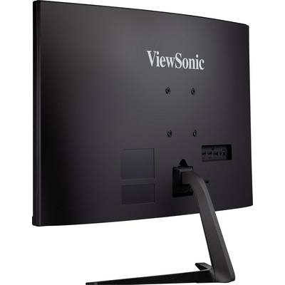 Rückseite eines ViewSonic-Monitors mit schwarzem Design, Standfuß, Halterungen auf der Rückseite und Schnittstellenanschlüssen.