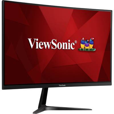 'ViewSonic'-Monitor mit schwarzem Rahmen und dreieckigem Standfuß auf rotem Hintergrund mit drei farbigen Vögeln als Logo.