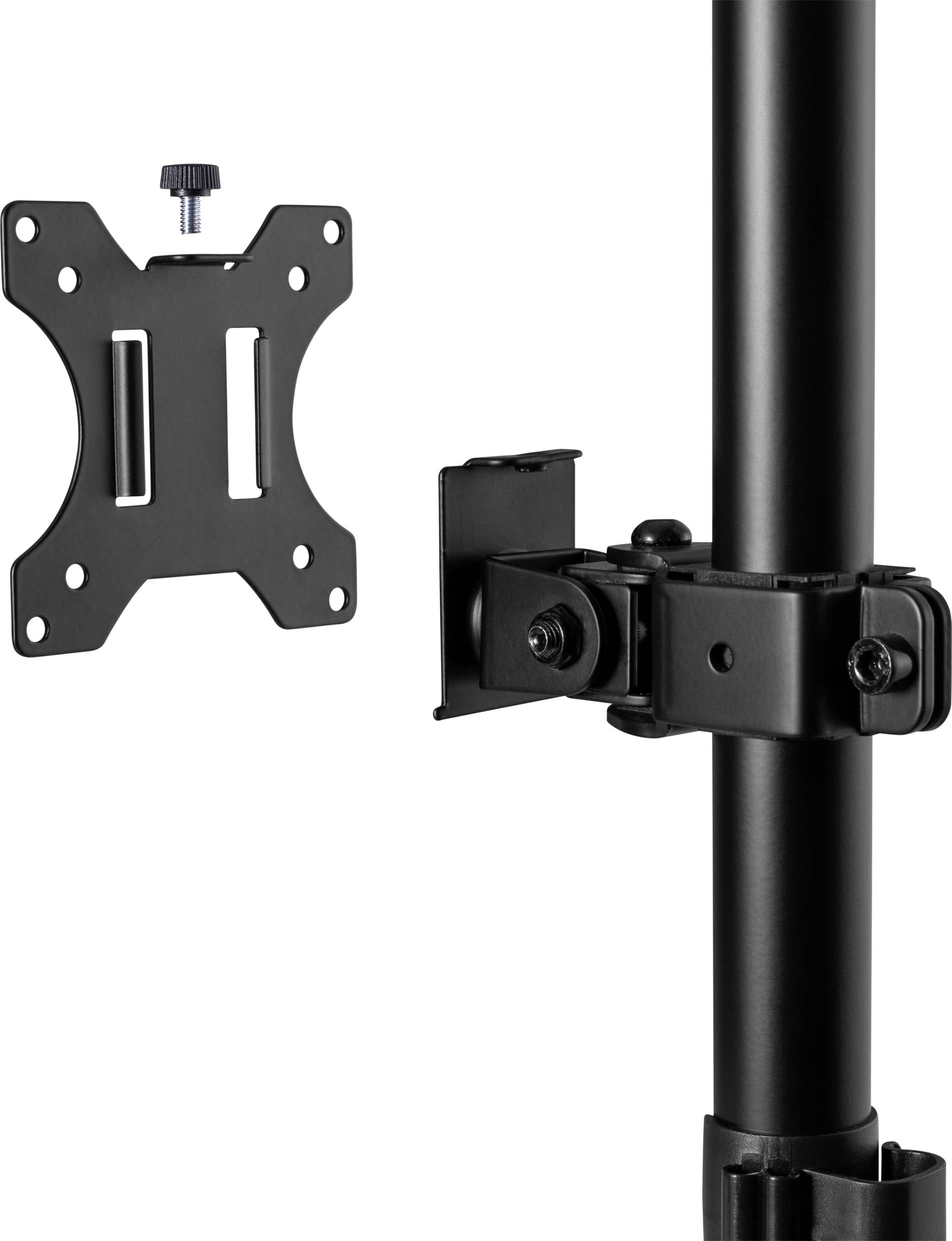 Eine schwarze, höhenverstellbare Halterung für Monitore mit VESA-Montageplatte, geeignet für Schreibtische oder Arbeitsplätze.