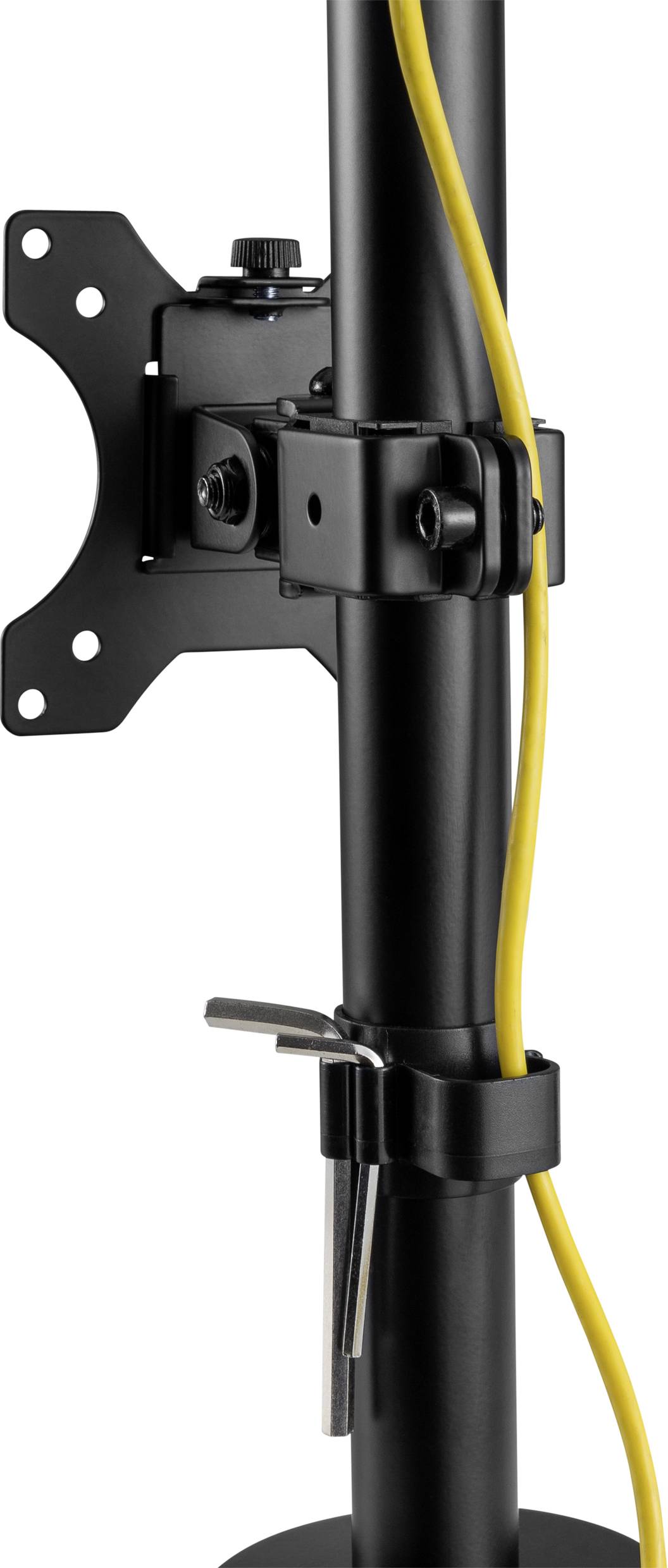 Ein schwarzer Monitorhalter mit gelbem Kabel, das entlang der Halterung geführt wird. Die Halterung hat eine Schraubklemme zur Befestigung.