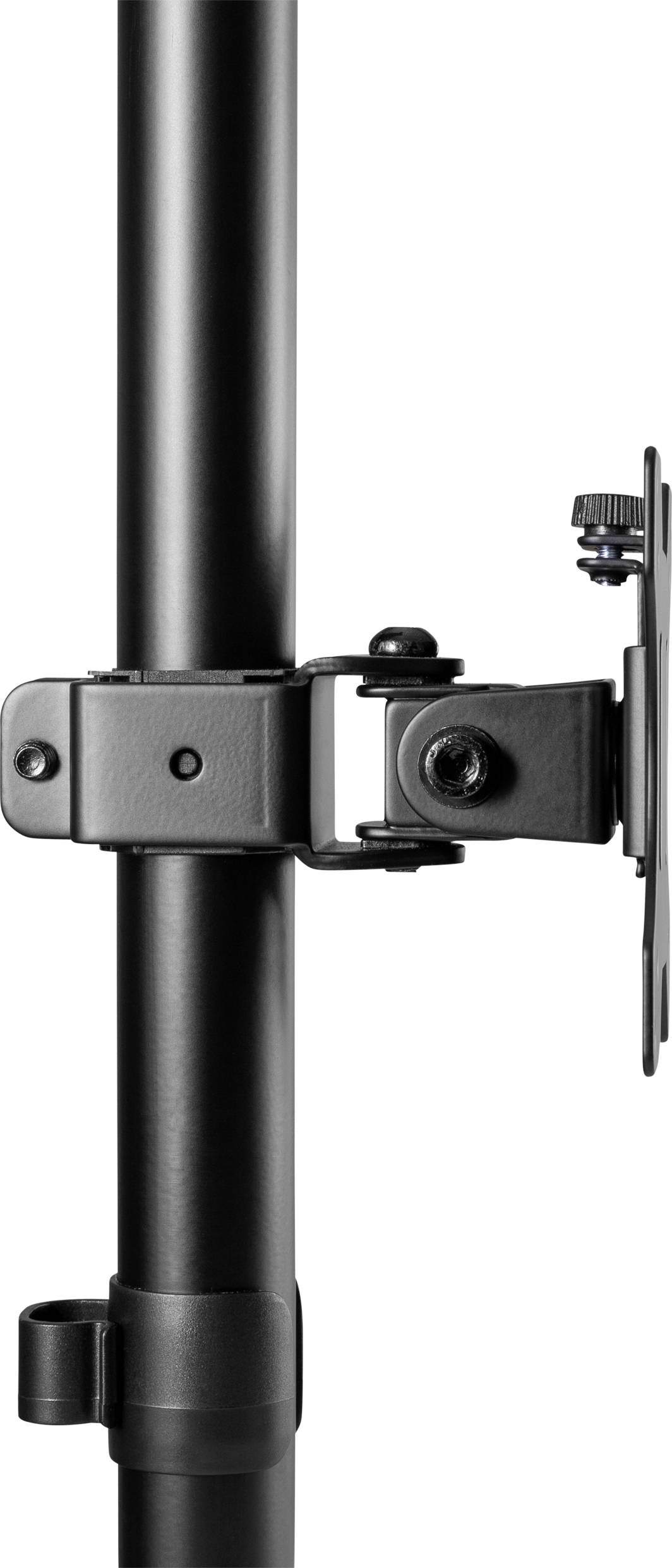 Eine schwarze Halterung am Ständer, möglicherweise für Monitore oder andere Geräte, mit Schraube zur Anpassung der Position.
