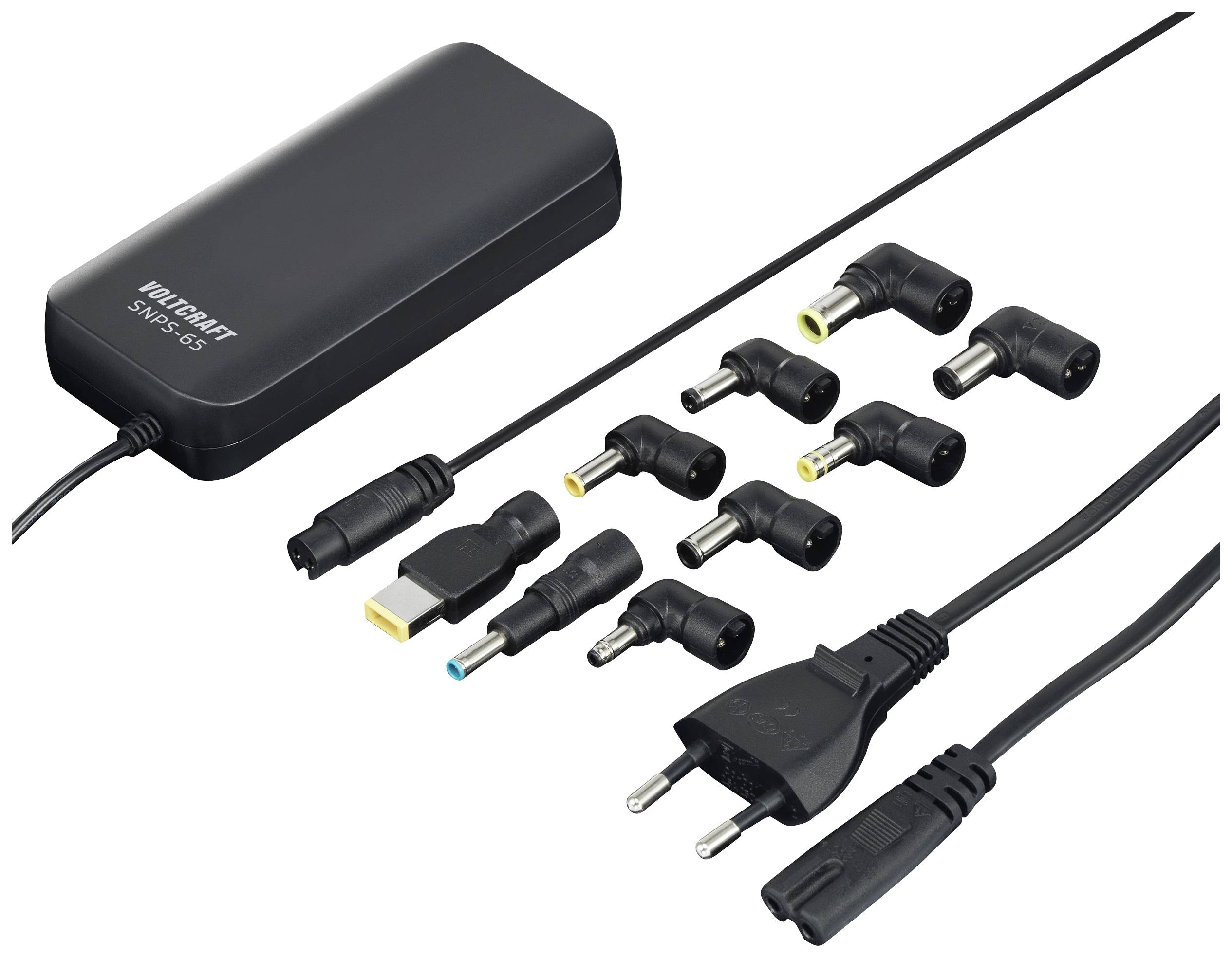 Schwarzes Universal-Netzteil mit mehreren austauschbaren Adaptern, geeignet für verschiedene Geräte, inklusive Netzkabel.