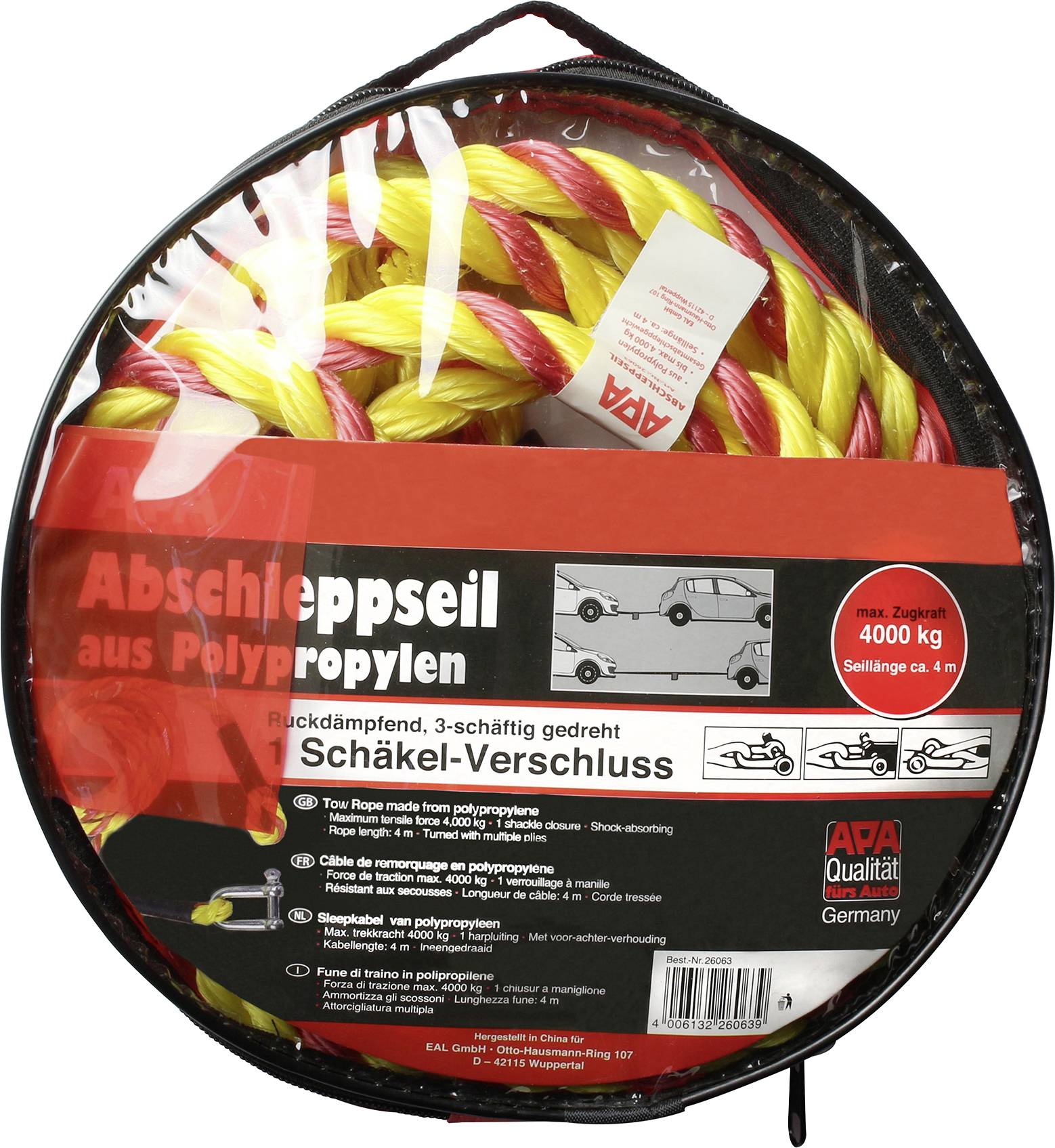 'Abschleppseil aus Polypropylen', 3-fach gedreht, ruckdämpfend, 4000 kg Zugkraft, Länge 4 m, mit Schäkel-Verschluss, APA Qualität. Verpackung zeigt ein Bild des Seils.