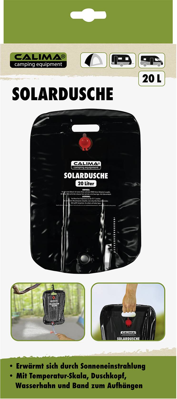 Eine Solardusche mit 20 Litern Fassungsvermögen, beheizt durch Sonneneinstrahlung, inklusive Duschkopf, Wassertemperatur-Anzeige und Band zum Aufhängen. Ideal für Camping.