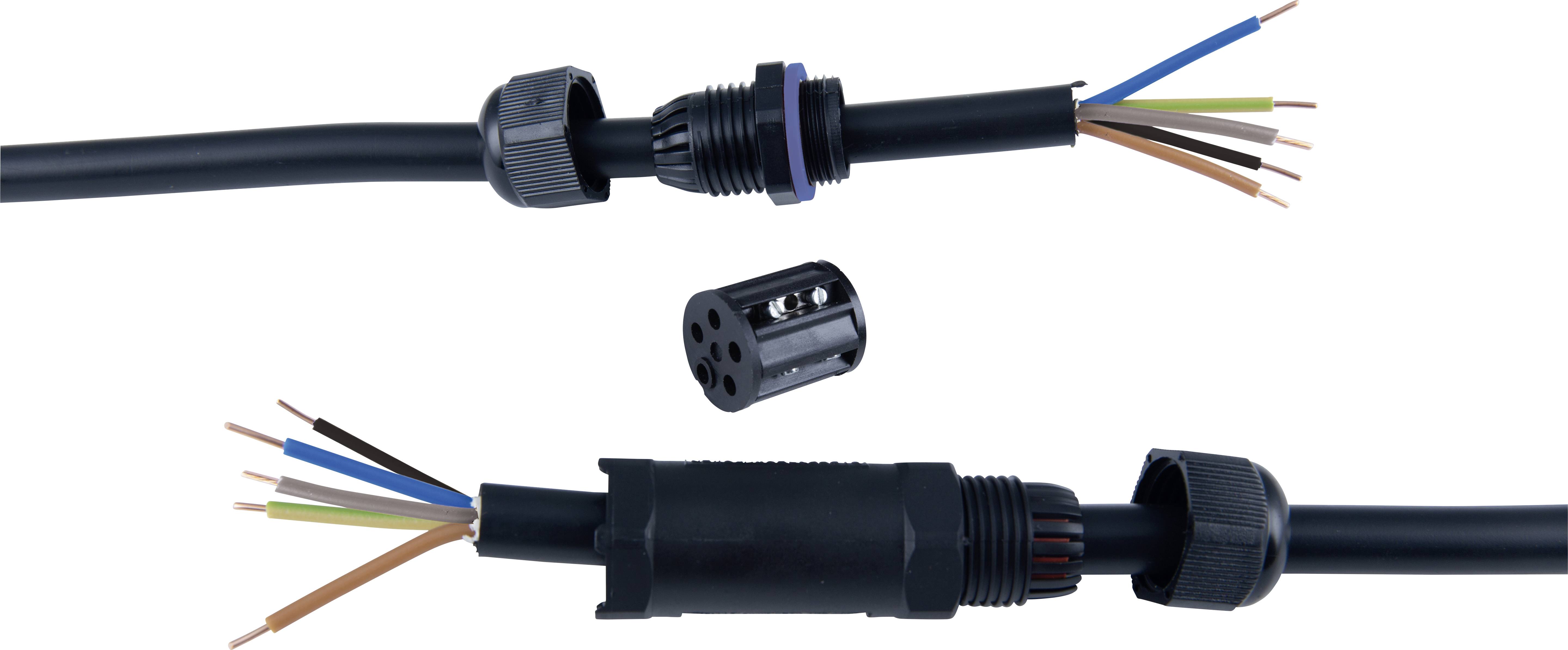 Zwei elektrische Kabel mit offenen Drahtadern und einem Steckverbinder in der Mitte. Der Steckverbinder hat sechs Anschlüsse.