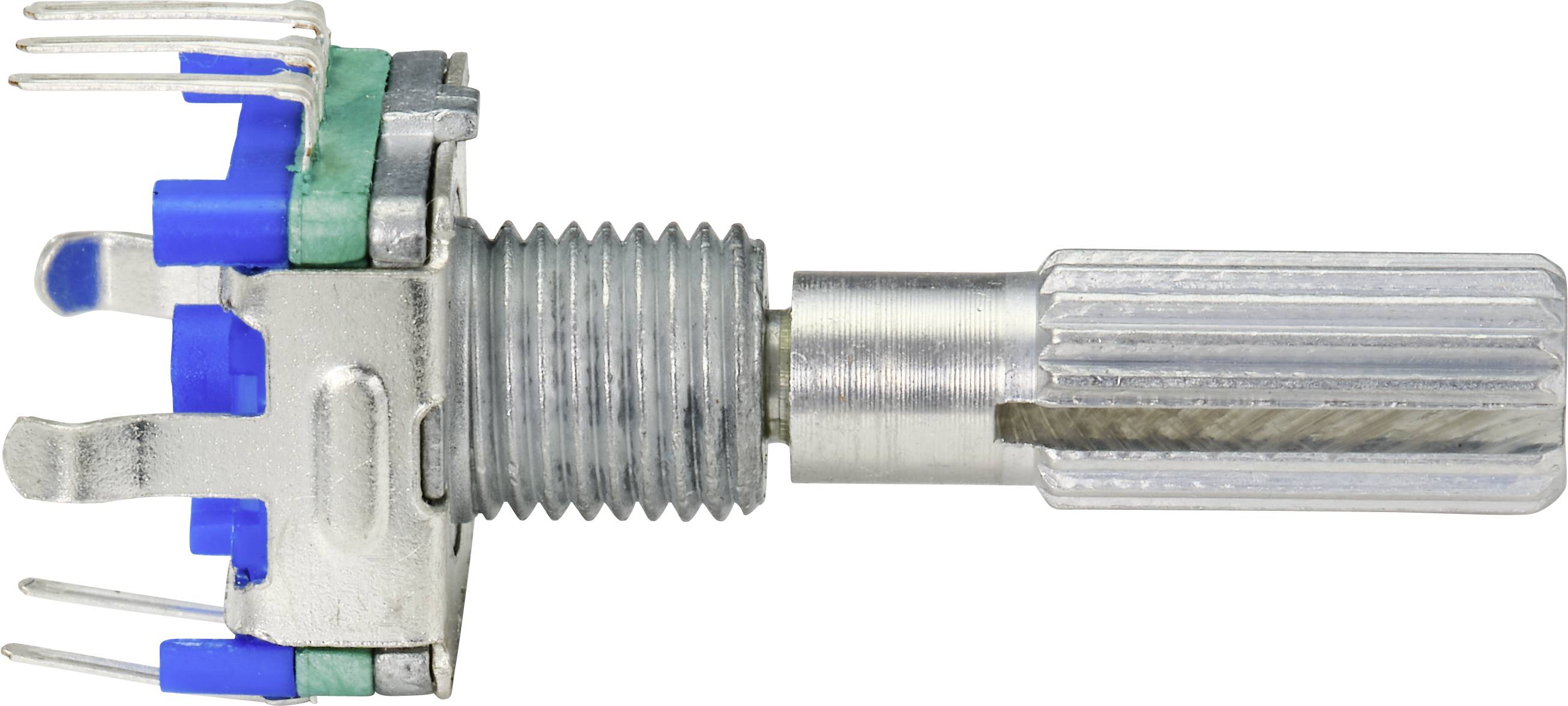 Ein Metall-Potentiometer mit Gewinde und mehrfarbigen Kunststoffelementen, das zur elektronischen Steuerung von Widerstand und Spannung dient.