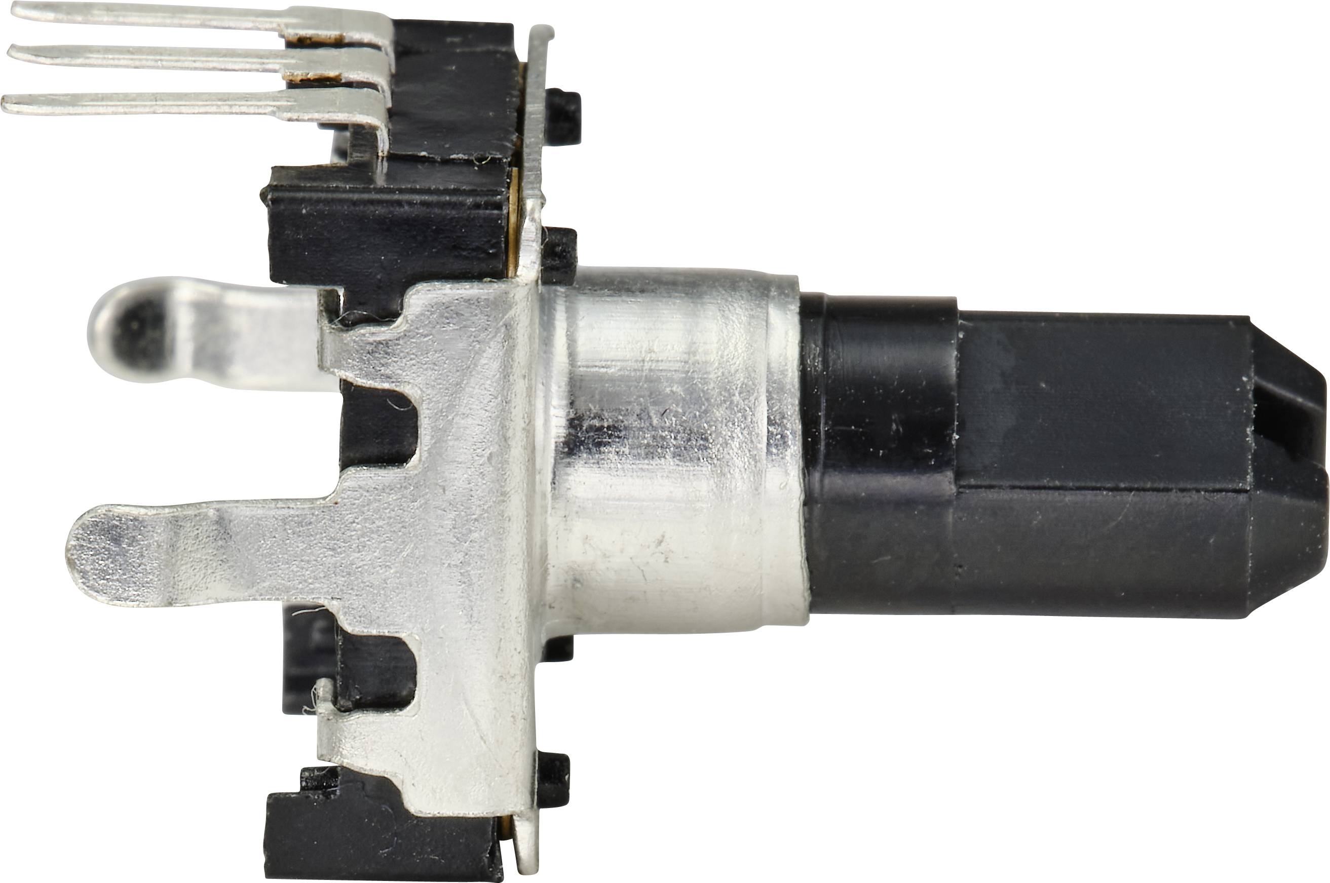 Ein schwarzer Drehencoder mit Metallhalterung und mehreren Anschlussstiften, typisches Bauteil in elektronischen Schaltungen.