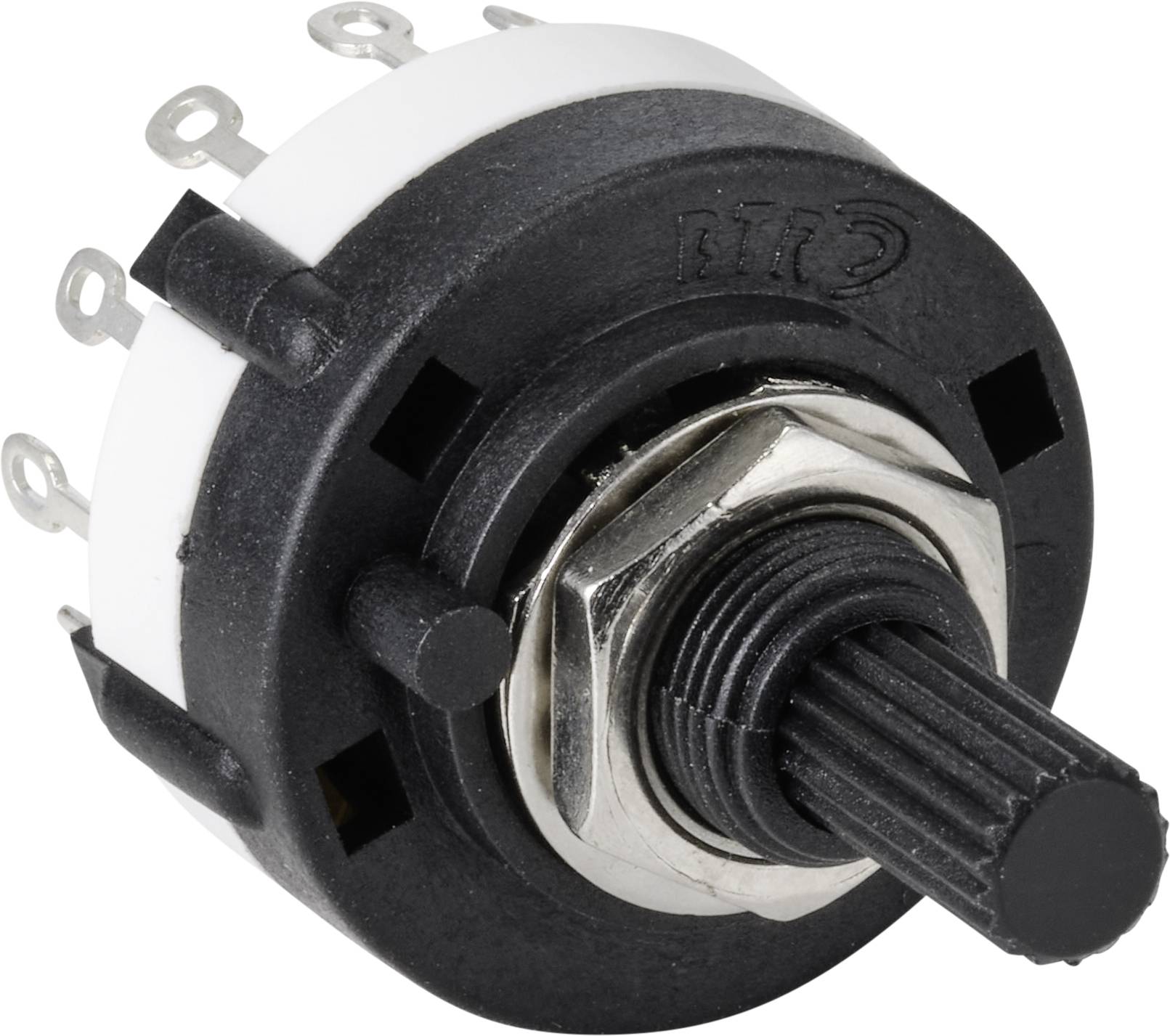 Runder Drehschalter aus Kunststoff und Metall mit mehreren Anschlüssen. Geeignet für elektronische Anwendungen und Steuerungen.