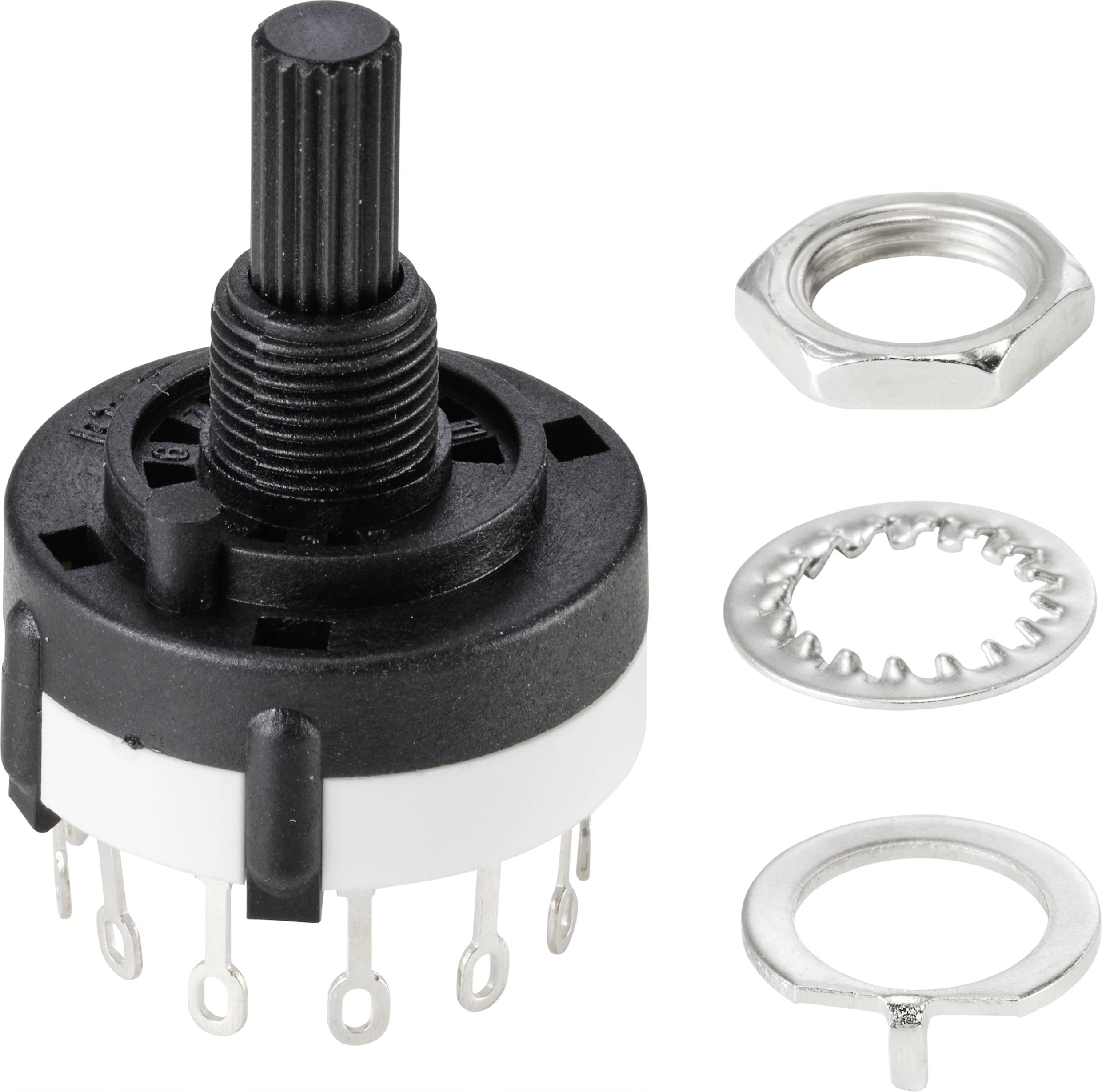 Ein schwarzer Drehschalter mit mehreren Anschlussstiften, daneben einige Metallteile, darunter eine Mutter und zwei Unterlegscheiben.