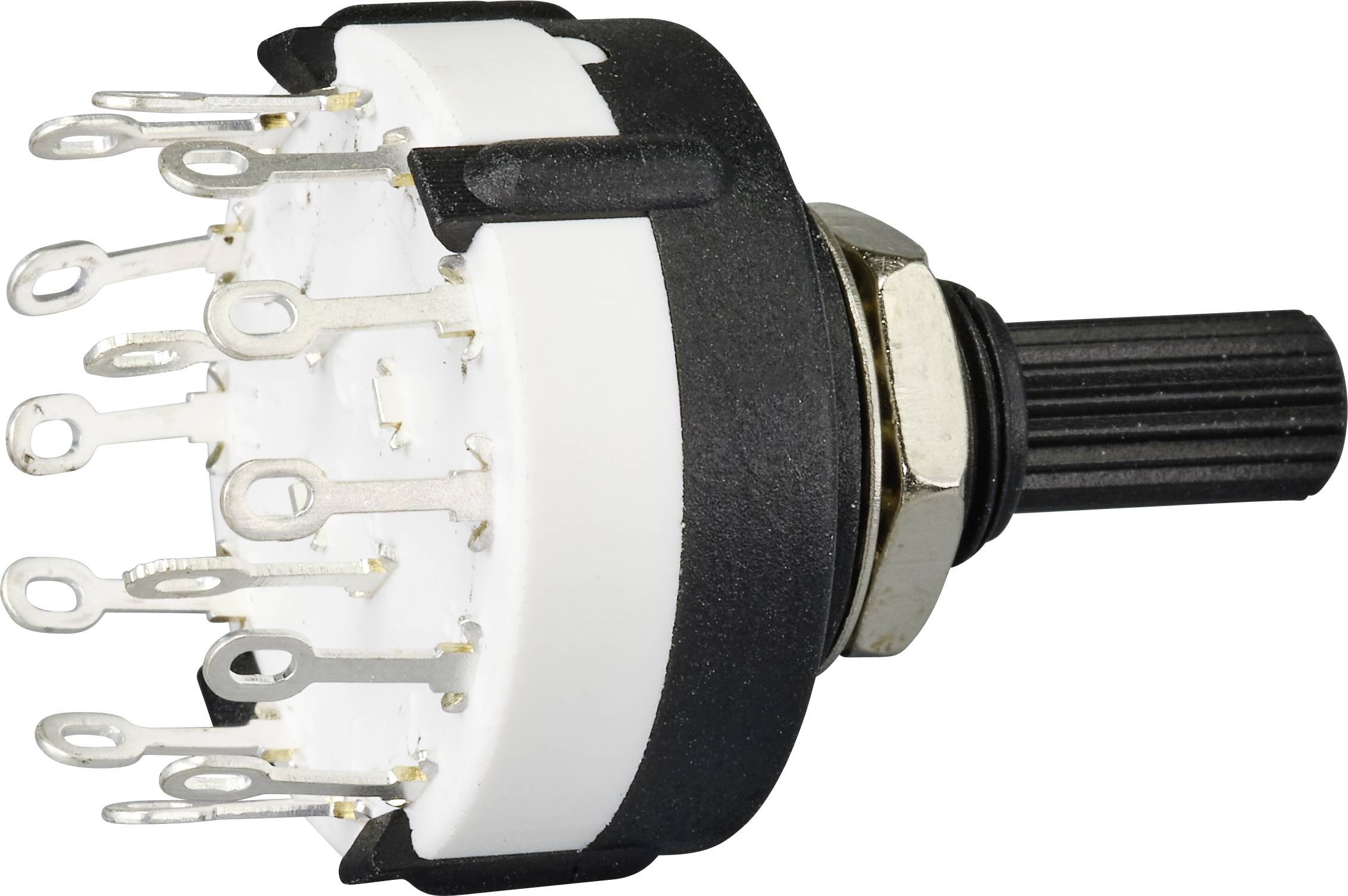 Ein Drehschalter mit mehreren Metallpins, geeignet für elektronische Schaltungen. Schwarze und weiße Gehäusefarben, Metallmutter zur Befestigung.