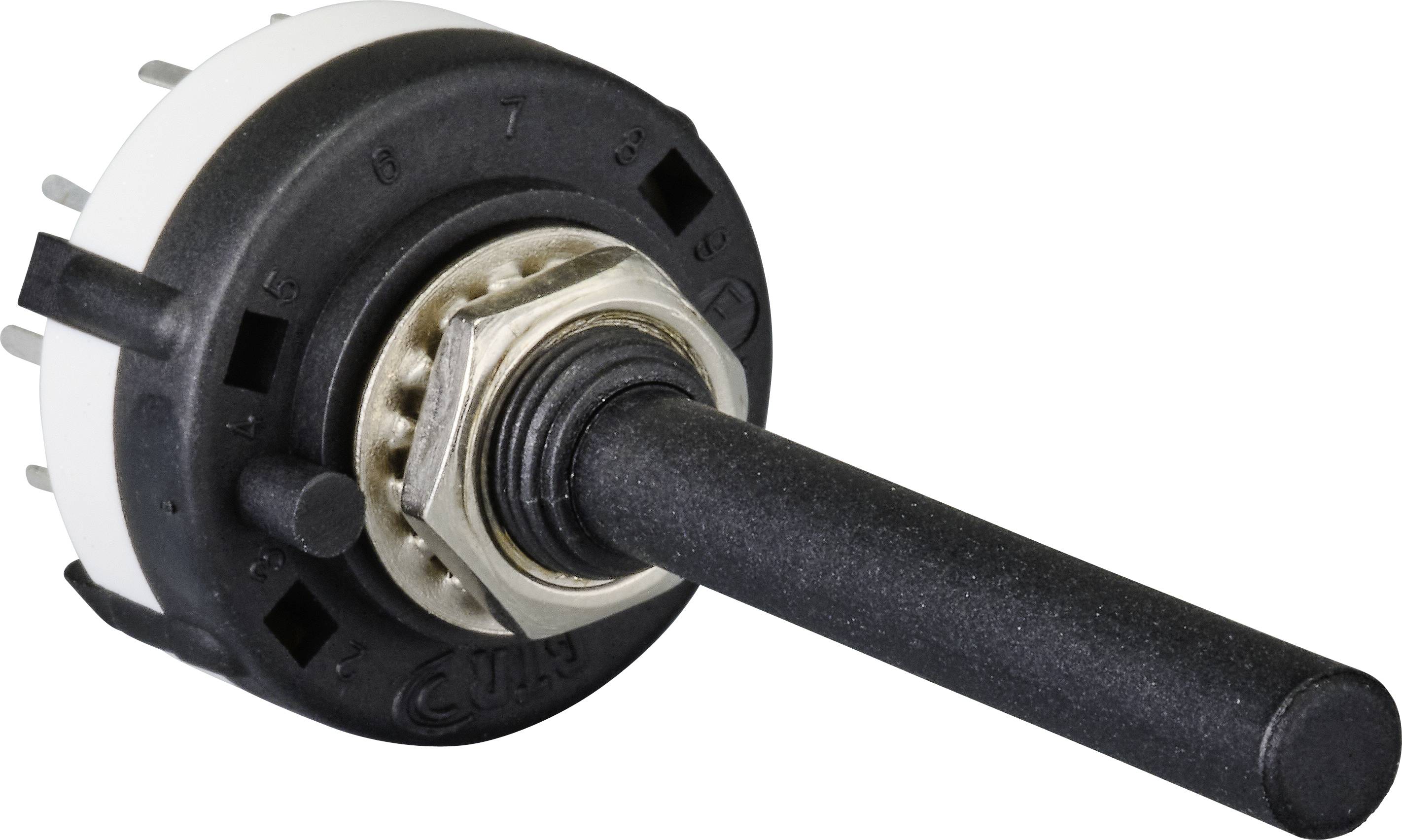 Elektronischer Drehschalter mit schwarzem Griff und mehreren Metallpins zur Montage. Verwendet zur Steuerung elektrischer Geräte.