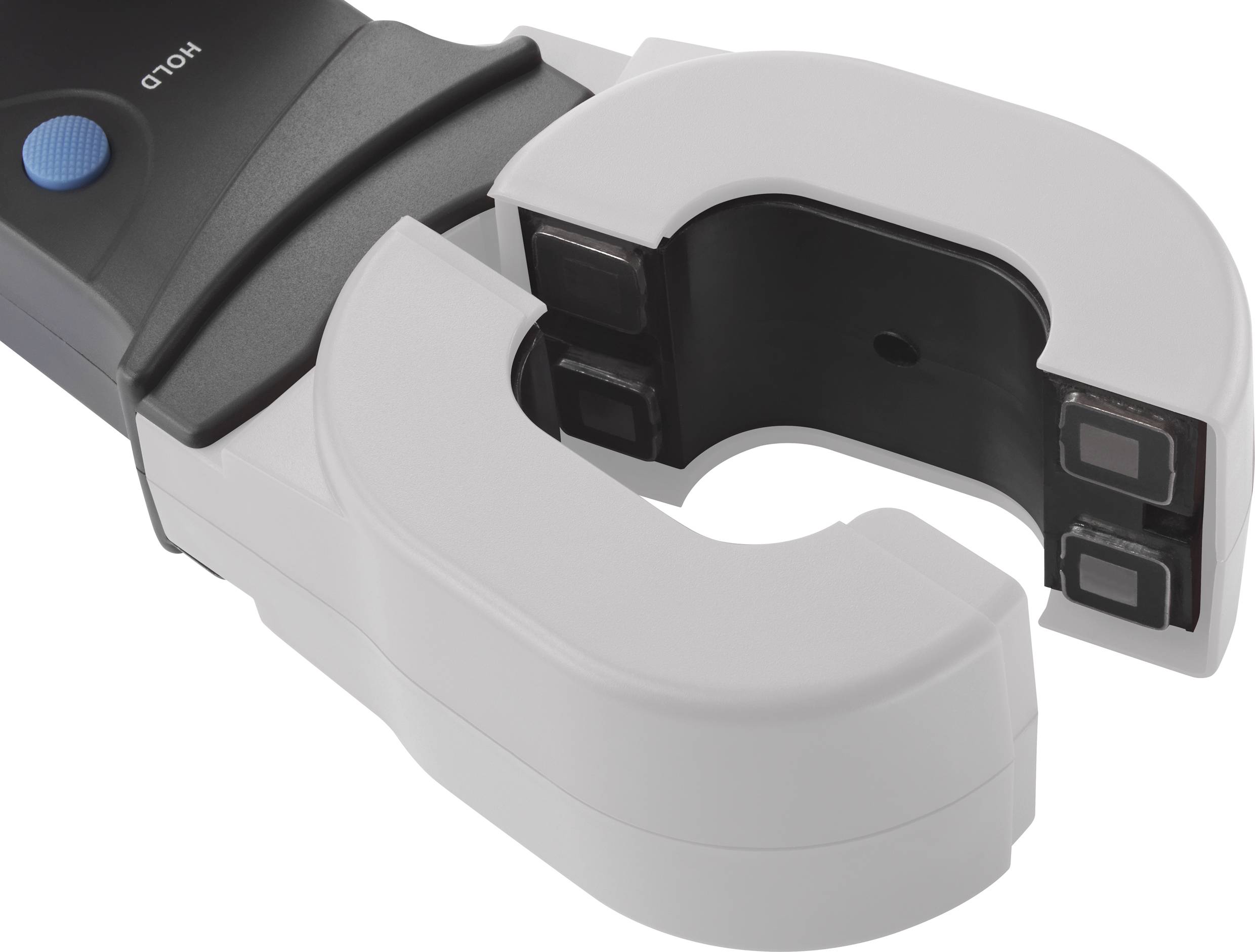 Ein digitales Zangenamperemeter mit geöffneter Zange zur Messung von elektrischen Strömen ohne direkten Kontakt.