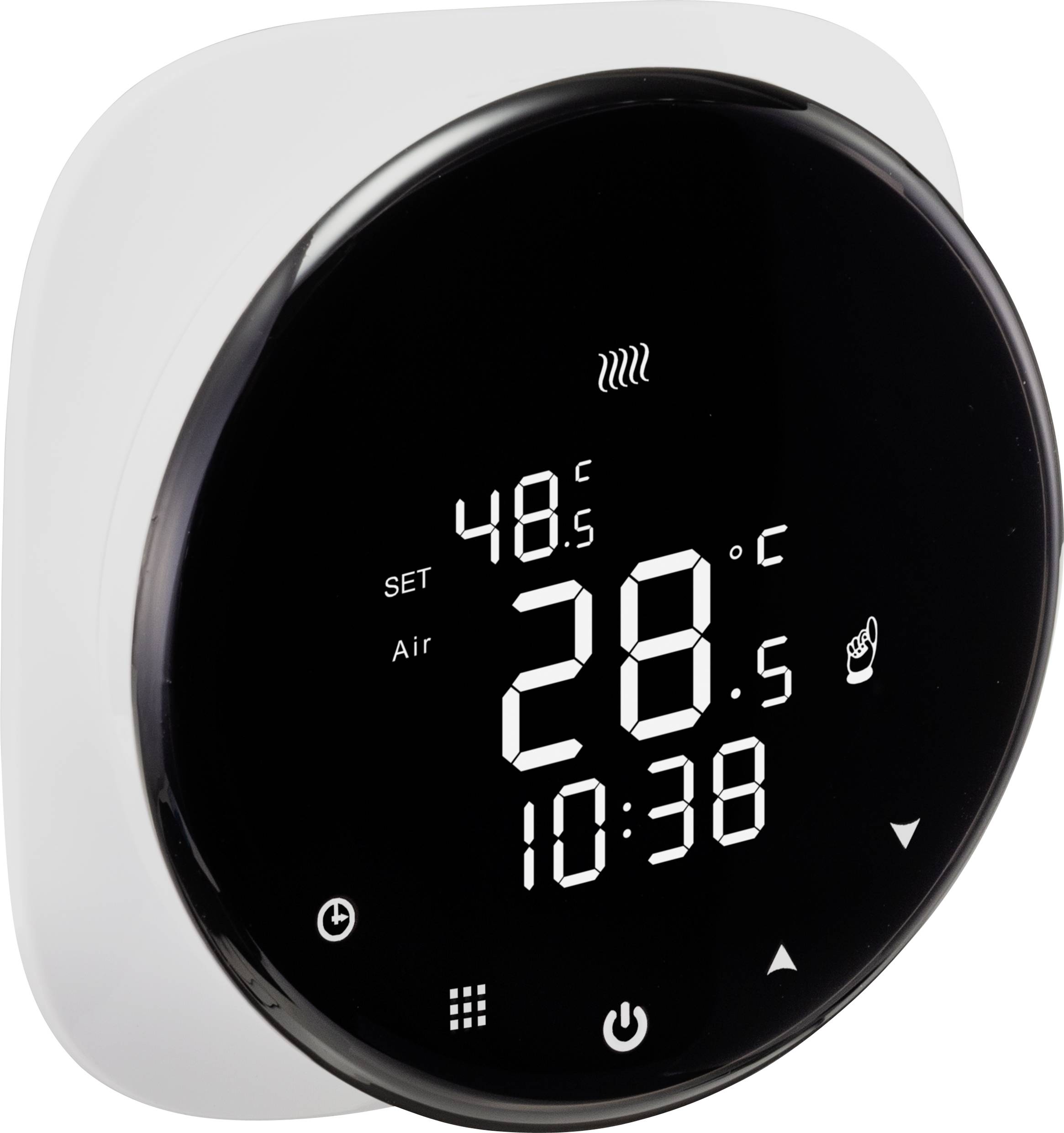 Ein digitales Thermostat zeigt die eingestellte und aktuelle Temperatur an. Die Anzeige enthält Symbole für Heizung und Uhrzeit.