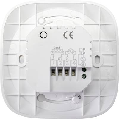 'Rückseite eines elektronischen Geräts mit elektrischen Anschlüssen und CE-Kennzeichnung. Zeigt Schaltpläne und Anschlussklemmen.'