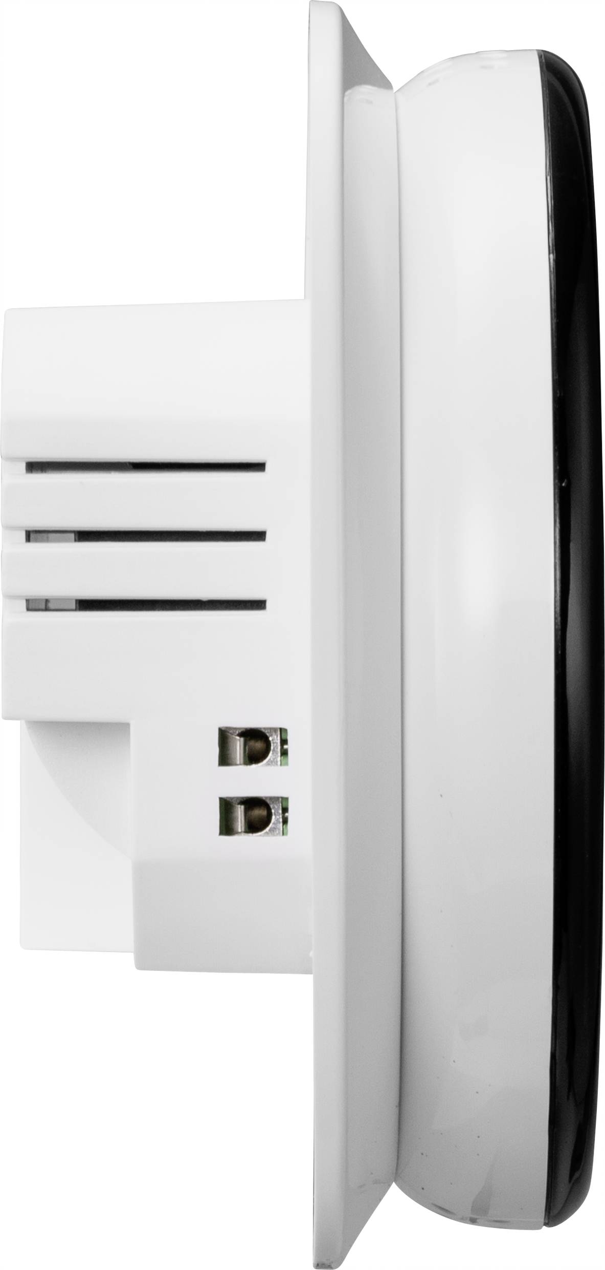 Seitenansicht eines runden Rauchmelders mit weißem Gehäuse. Er zeigt Belüftungsöffnungen und elektrische Anschlüsse.