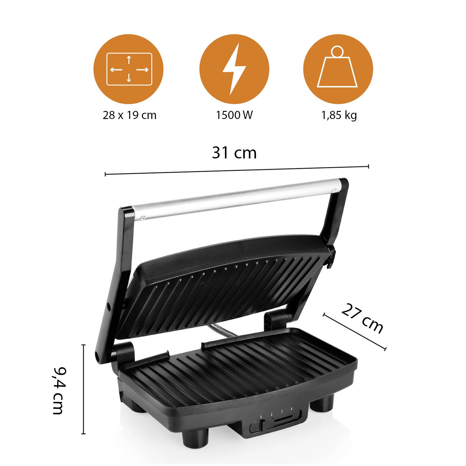 Ein Kontaktgrill mit Maßen 28 x 19 cm, 1500 Watt Leistung, wiegt 1,85 kg. Geöffnet zeigt er eine gerippte Grillfläche.