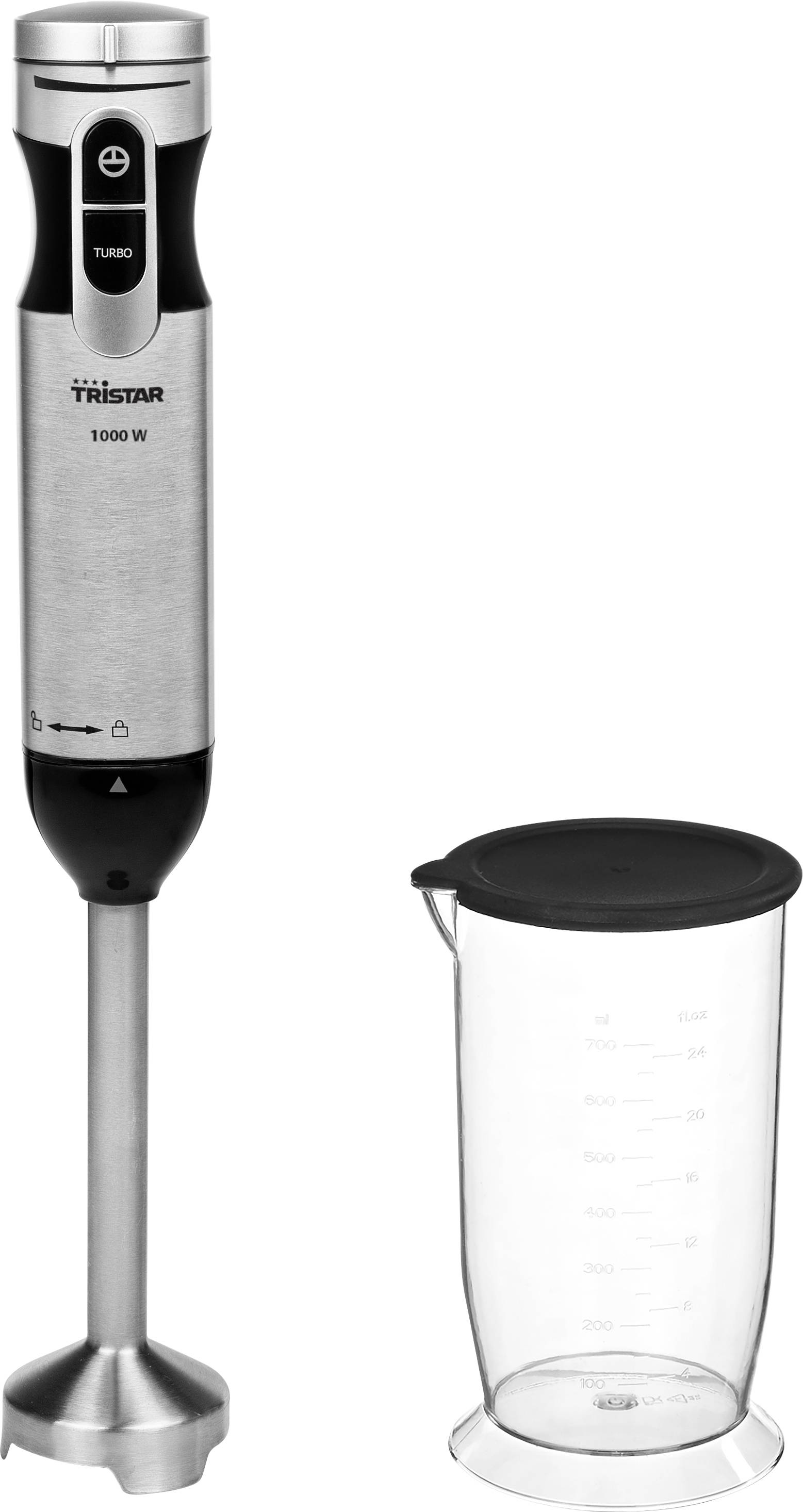 Tristar MX-4828 Stabmixer 1000 W mit Messbecher, Turbofunktion, stufenlose Geschwindigkeitseinstellung Edelstahl, Schwar...