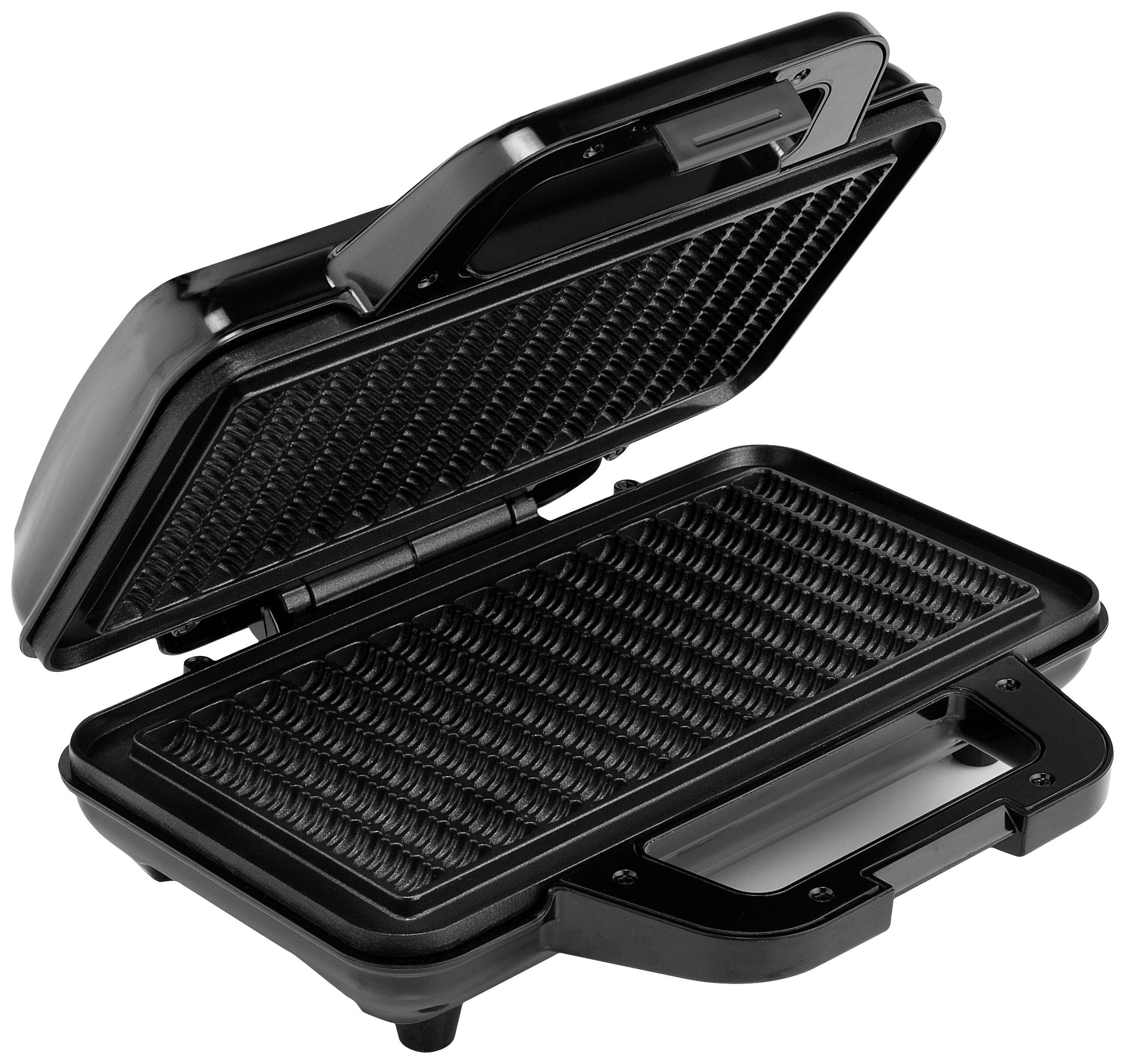 Schwarzes, offenes Waffeleisen mit gitterförmiger, antihaftbeschichteter Oberfläche, bereit zur Benutzung.