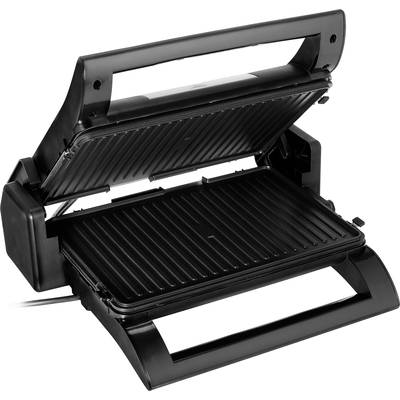 Elektrischer Kontaktgrill mit offenem Deckel, schwarzen Rillenplatten und Griffen, geeignet zum Grillen von Sandwiches oder Fleisch.