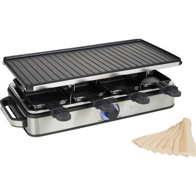 Raclette-Grill mit mehreren Pfännchen und stufenlos einstellbarer Temperatureinstellung, daneben liegen Holzspatel.