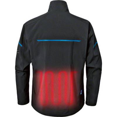 Schwarze Jacke mit integriertem Heizsystem im Rücken, hervorgehoben durch rote Glühstreifen.