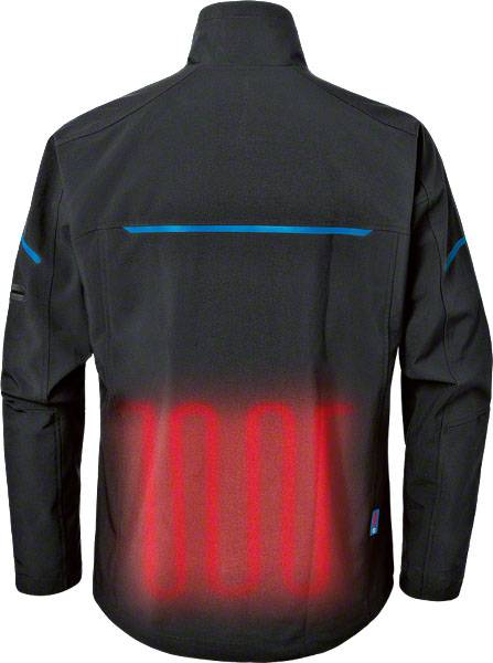 Schwarze Jacke von hinten mit sichtbar leuchtender, roter Heizspirale im unteren Rückenbereich; geeignet für kühle Wetterbedingungen.