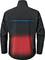 Jacke mit Heizfunktion im Rückenbereich, leuchtende rote Heizspirale sichtbar, schwarze Stofffarbe, blaue Ziernähte an den Schultern.