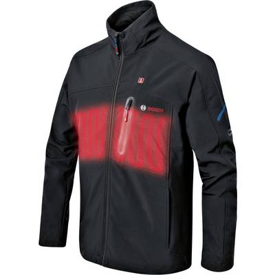 Schwarze elektrische Heizjacke mit rotem Heizbereich angezeigt. Bosch-Logo auf der Brusttasche. Geeignet für kalte Wetterbedingungen.