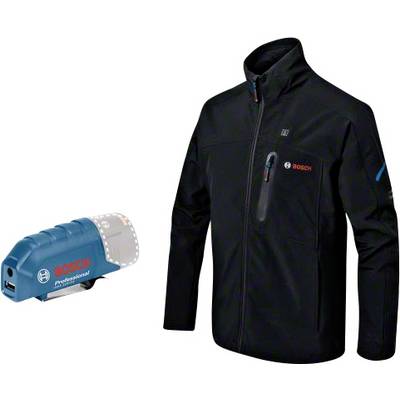 Schwarze Bosch-Jacke mit Logo und blauer, LED-beleuchteter Akkupack.