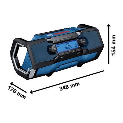 Tragbares Radio mit blauer Oberfläche, Display zeigt '16:25'. Maße: 348 mm Breite, 176 mm Tiefe, 154 mm Höhe.