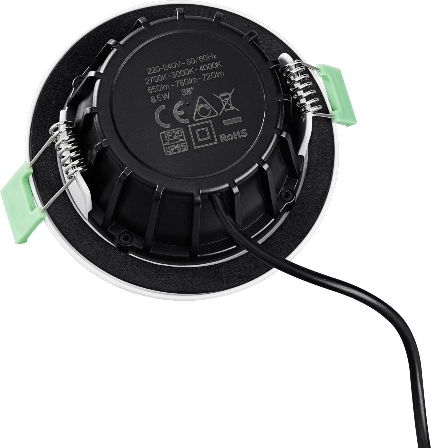 Rückansicht eines runden, schwarzen LED-Einbaustrahlers mit Kabel, technischen Spezifikationen und Prüfsiegeln auf der Rückseite.