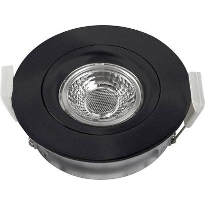 Schwarzer runder LED-Deckeneinbaustrahler mit silberner Linse, geeignet für moderne Inneneinrichtung.