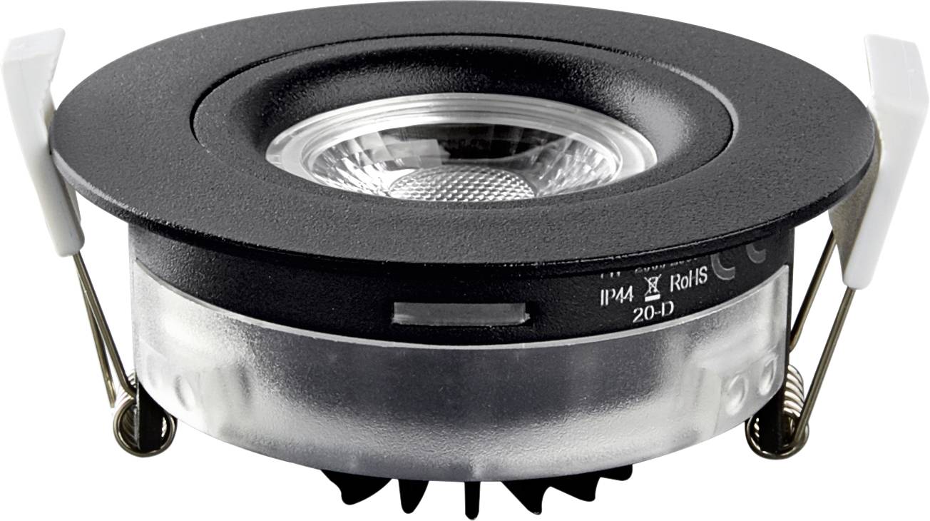 Schwarzer runder LED-Deckeneinbauspot mit Glaslinse und Federklammern an den Seiten, geeignet für Akzent- und Allgemeinbeleuchtung.