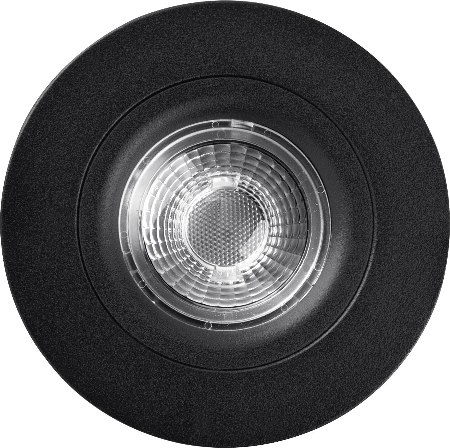 'Runde schwarze Deckenleuchte mit transparentem, geripptem Leuchteinsatz in der Mitte.'