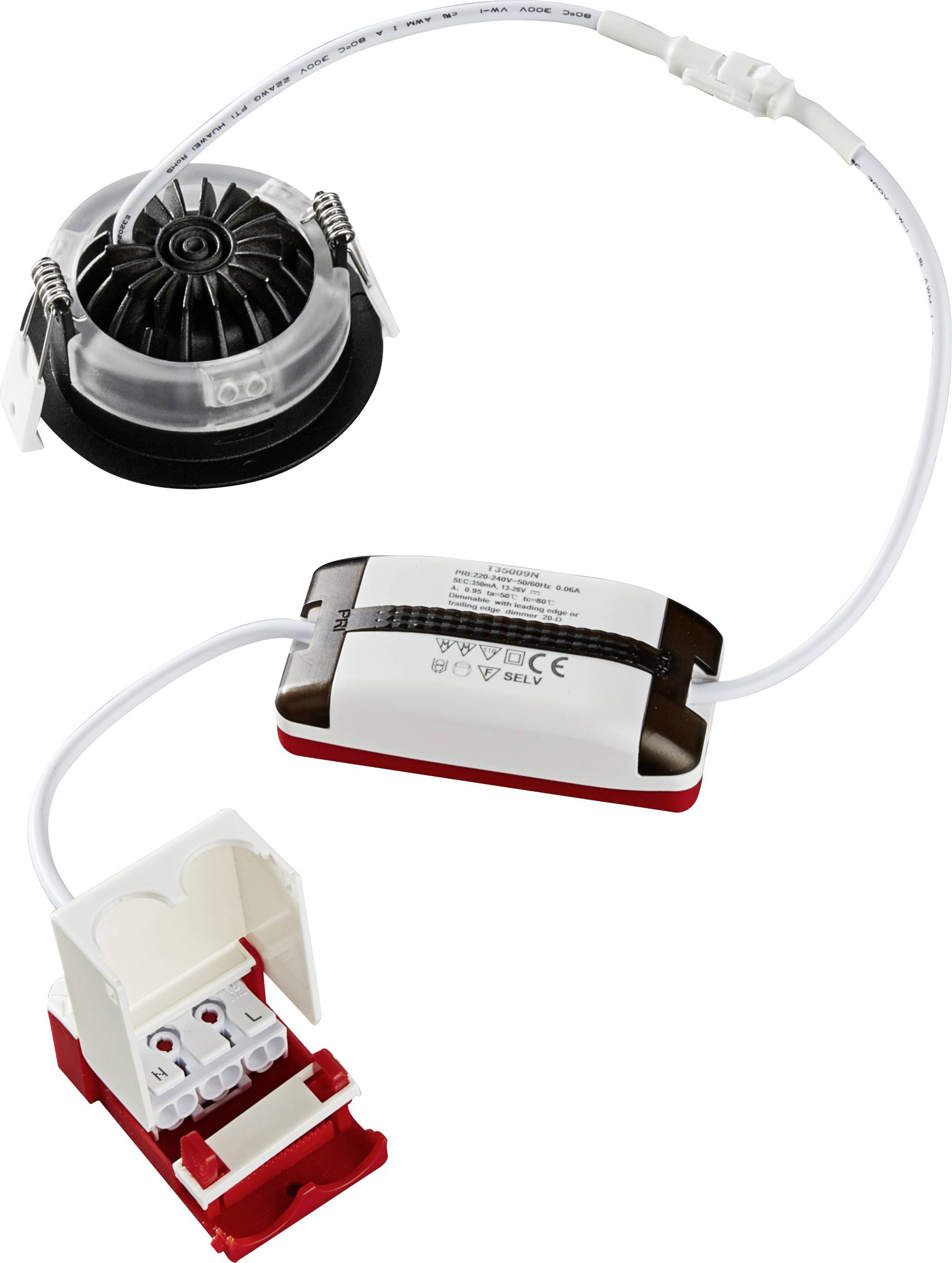 Ein eingebauter LED-Spot mit Treiber und elektrischem Anschluss. Der Spot hat eine Kühlstruktur und ist mit Kabeln verbunden.