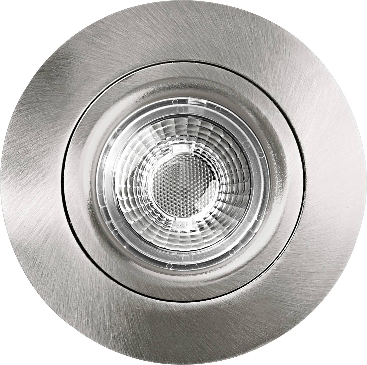 Runde LED-Einbauleuchte mit Metallrahmen, Nahaufnahme.