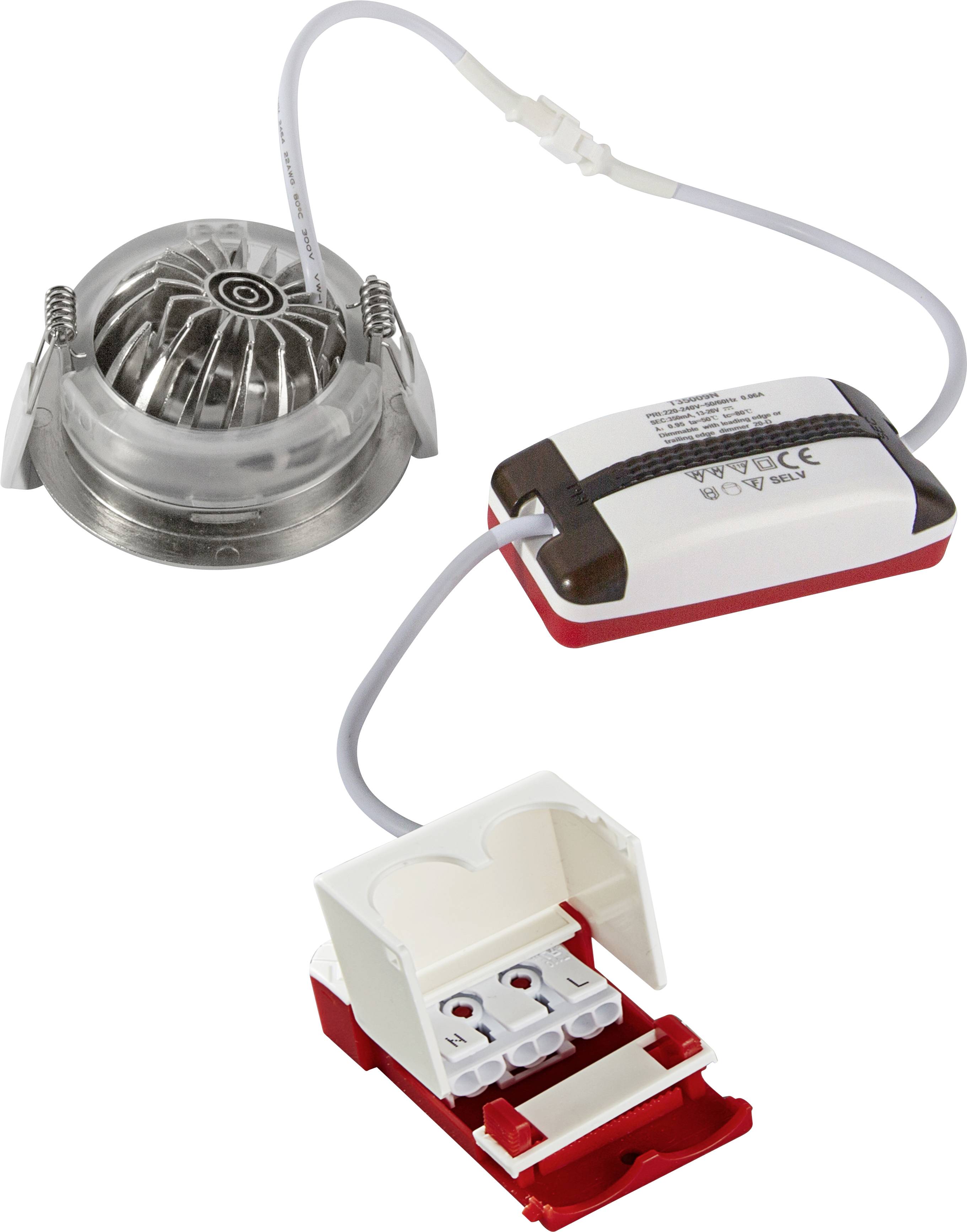 Ein LED-Spotlight mit Verkabelung und Transformator. Darstellung zeigt Anschlüsse und Gehäuse, geeignet für Einbau in Decken.