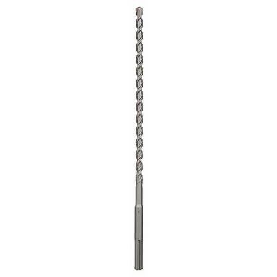 Ein grauer Spiralbohrer aus Metall, zylindrisch und lang, geeignet für Bohrarbeiten in Beton oder Ziegel.