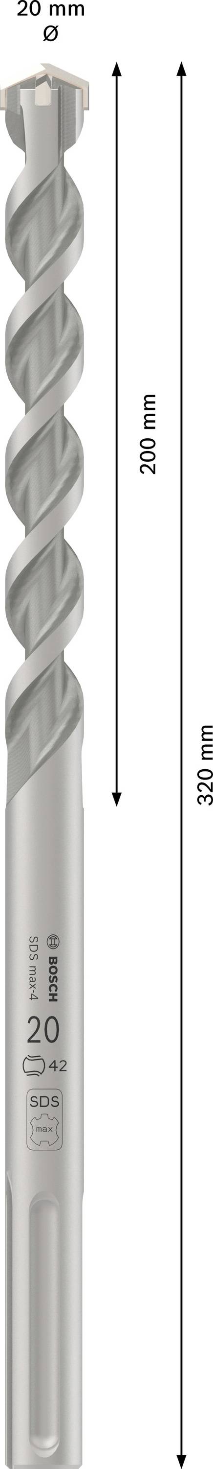 Bohrer mit spiralförmiger Spitze, Gesamtlänge von 460 mm, Nutzlänge von 400 mm, Durchmesser 20 mm.