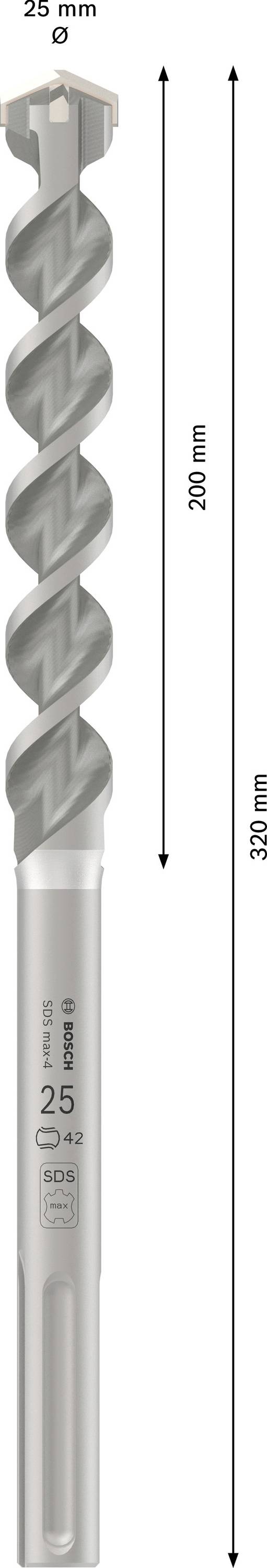 Bohrer mit 25 mm Durchmesser, 400 mm Länge. Spiraldesign. Geeignet für Betonarbeiten. Markenname und technische Details sind sichtbar.
